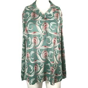 Alex Colman Shirt Womens Sz 12 VTG 1960s Green‎ Swirl 1/2 Button Long Sleeve